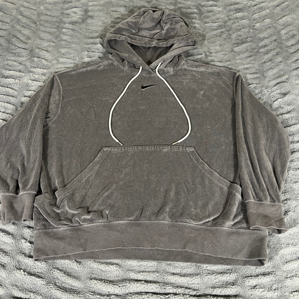 Nike Womens Velour Oversized Hoodie Iron Grey Embroidered Swoosh DV7824-060 L